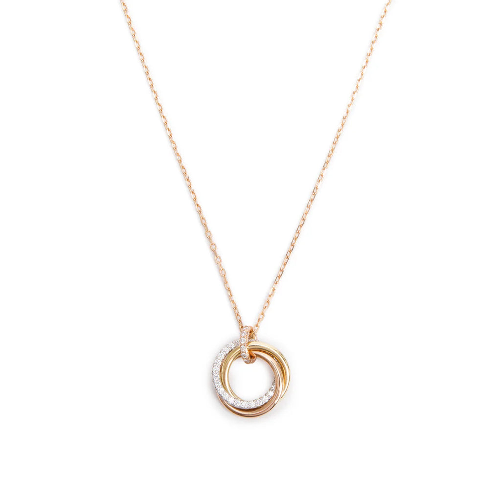 18k Yellow, White &amp; Rose Gold Half Paved Diamond Trinity Pendant Necklace, Small Model w/ Box