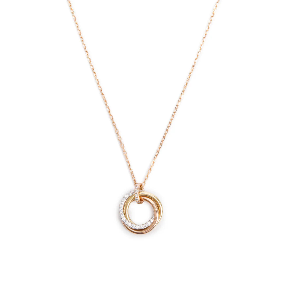 18k Yellow, White &amp; Rose Gold Half Paved Diamond Trinity Pendant Necklace, Small Model w/ Box