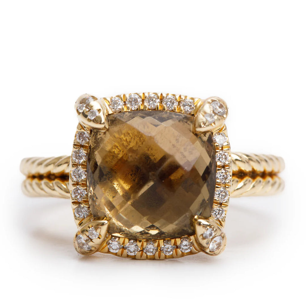 18k Yellow Gold Champagne Citrine &amp; Diamond Chatelaine Ring, Size 5 w/ Box