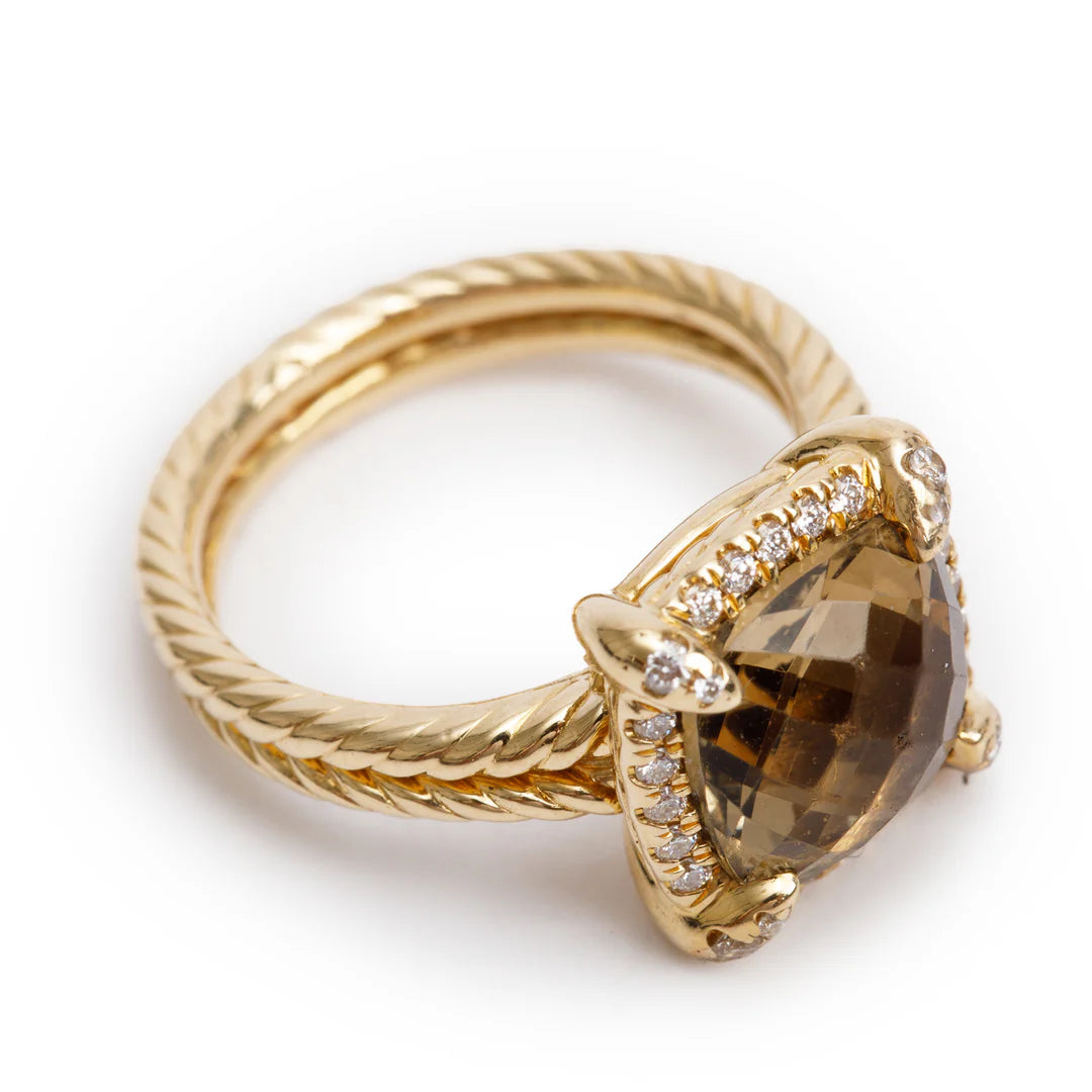 18k Yellow Gold Champagne Citrine &amp; Diamond Chatelaine Ring, Size 5 w/ Box