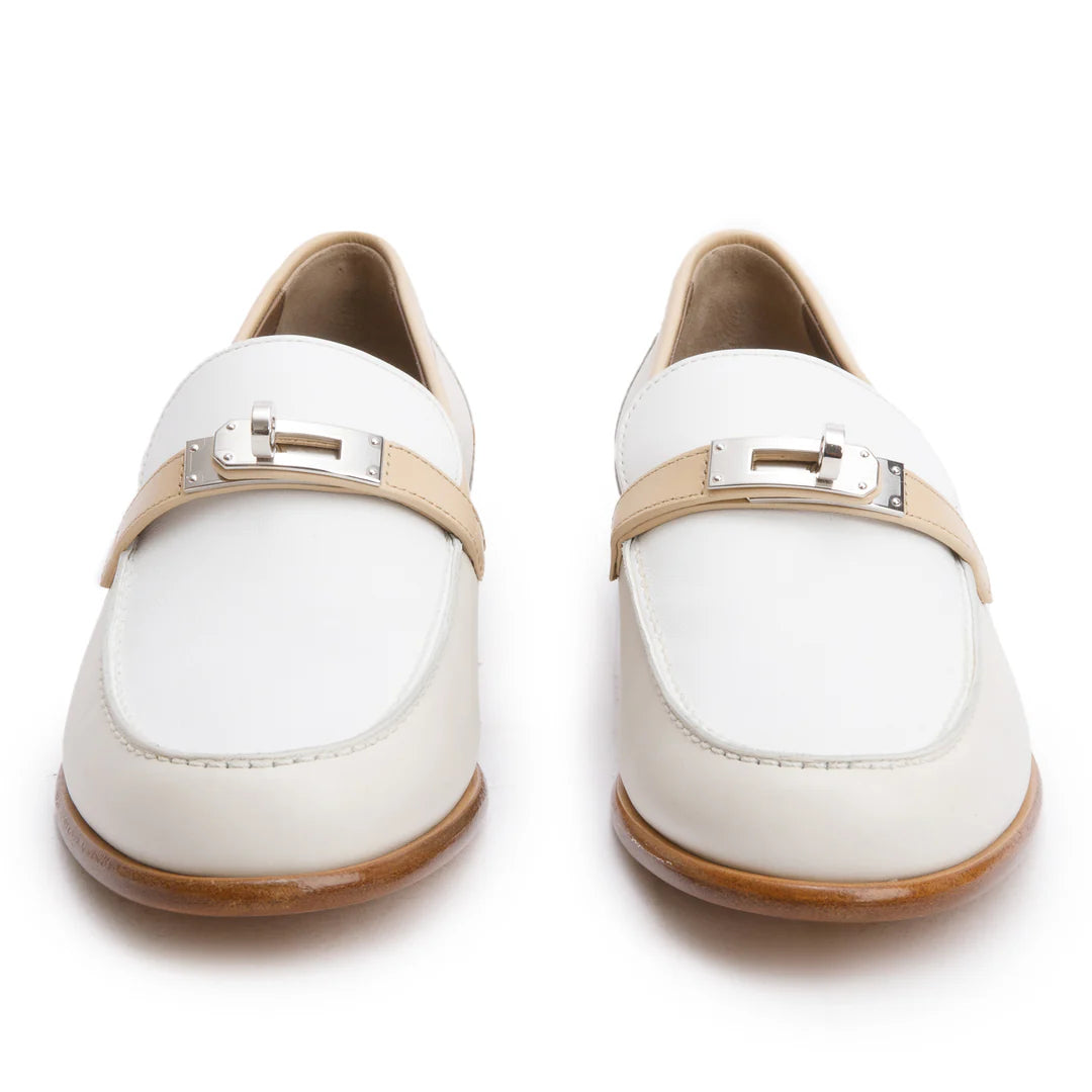 Blanc/Beige Calfskin Leather Destin Loafer, Size 39.5 w/ Box Coeur Cult Core