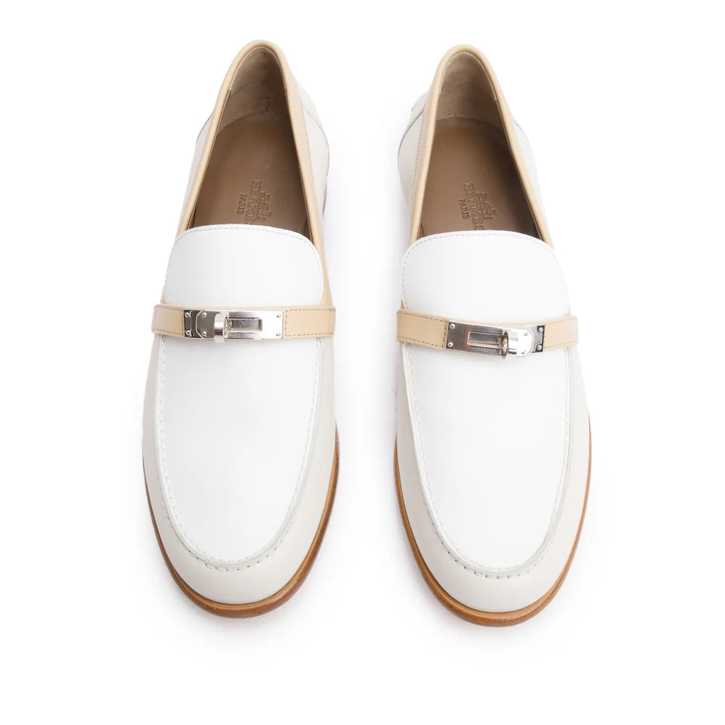 Blanc/Beige Calfskin Leather Destin Loafer, Size 39.5 w/ Box Coeur Cult Core