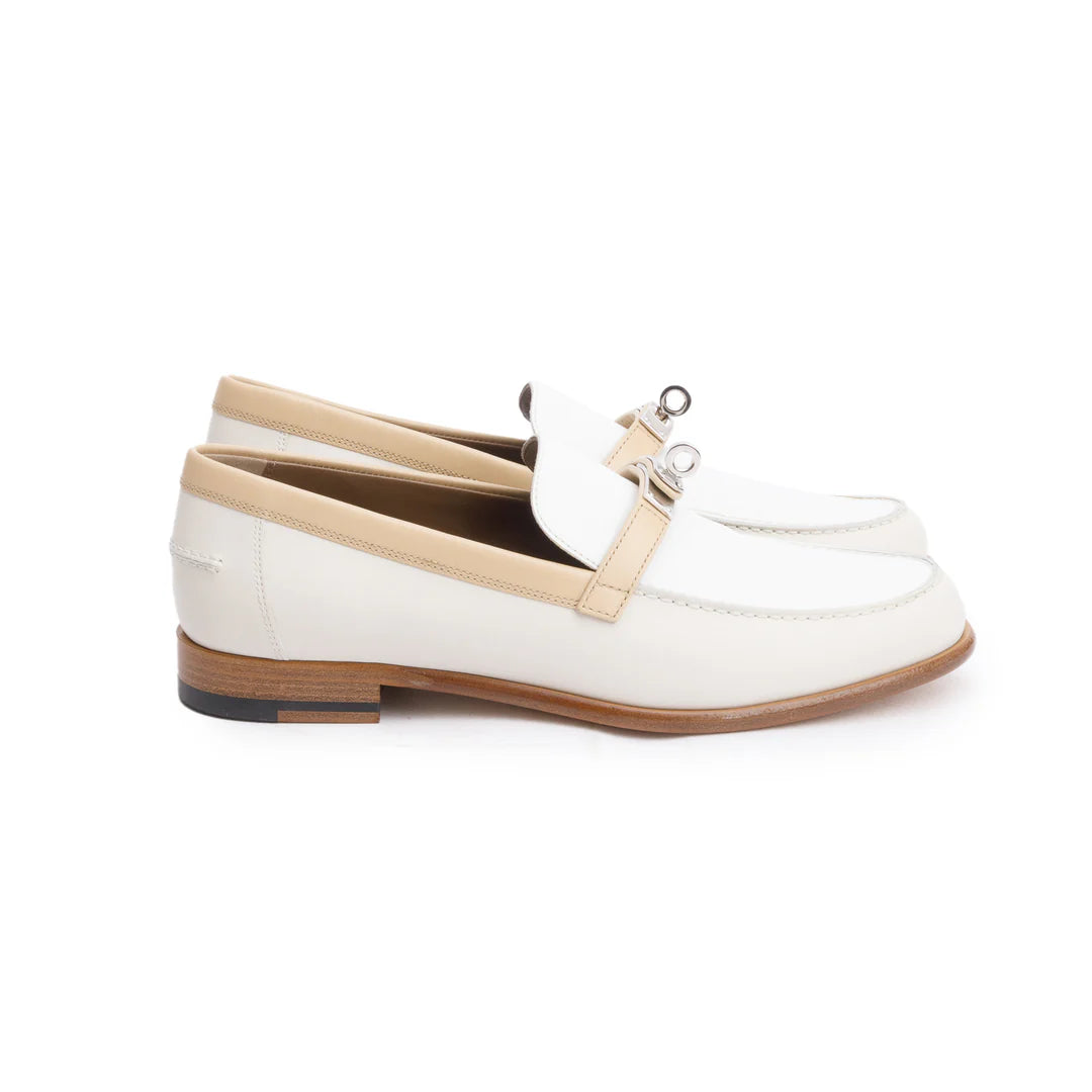 Blanc/Beige Calfskin Leather Destin Loafer, Size 39.5 w/ Box Coeur Cult Core
