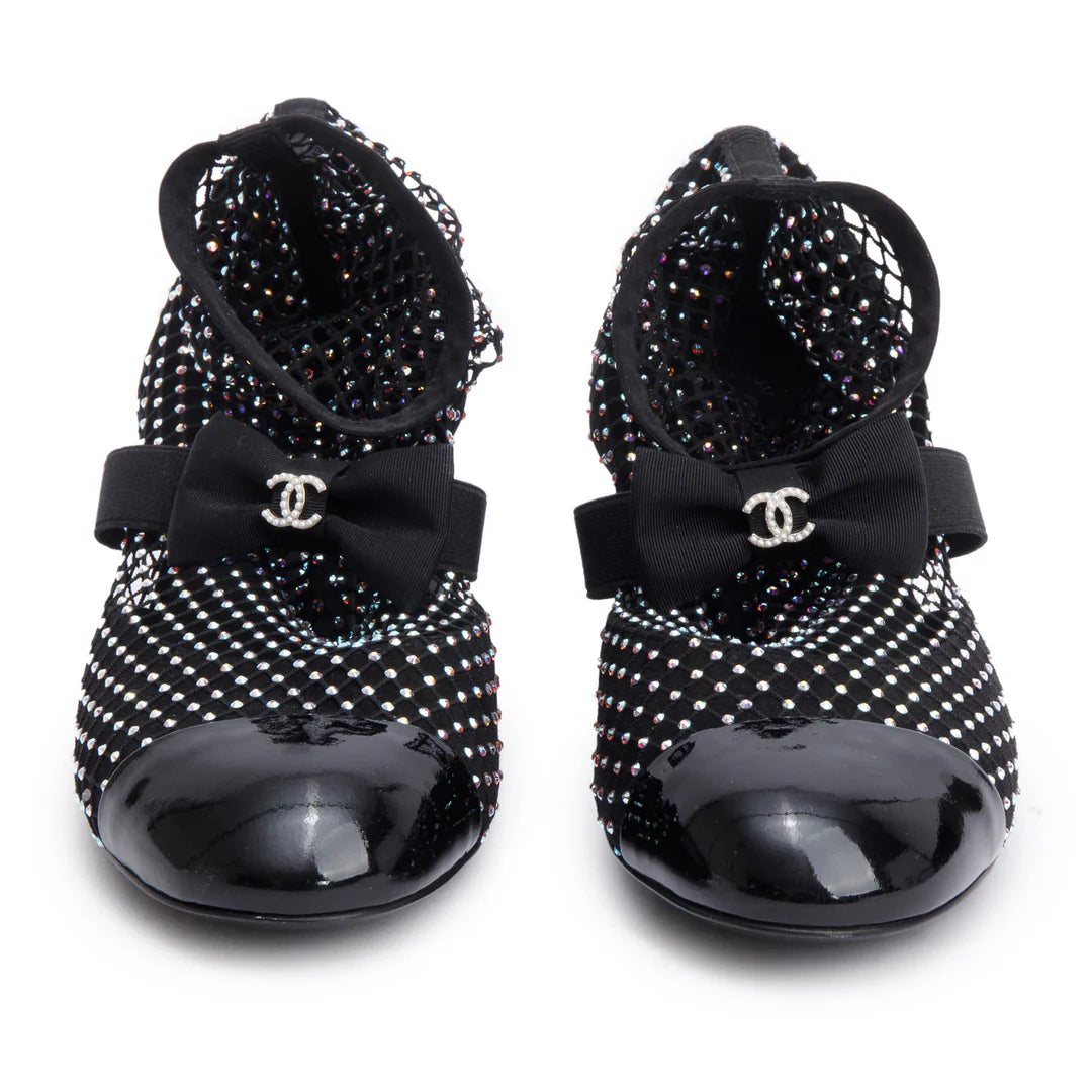 Black Interlocking CC Logo Bow &amp; Crystal Accent Sock Boots,Size 38 Coeur Cult Core