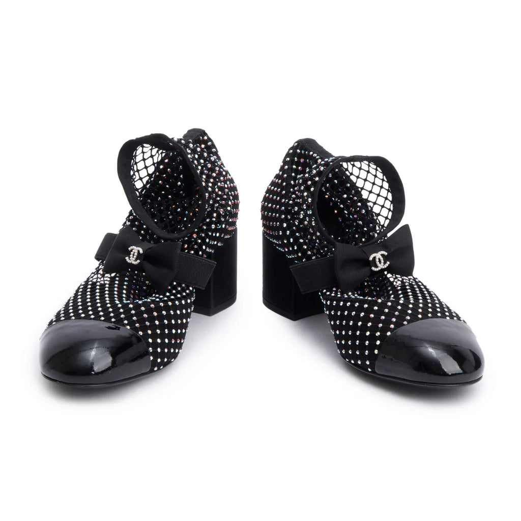 Black Interlocking CC Logo Bow &amp; Crystal Accent Sock Boots,Size 38 Coeur Cult Core