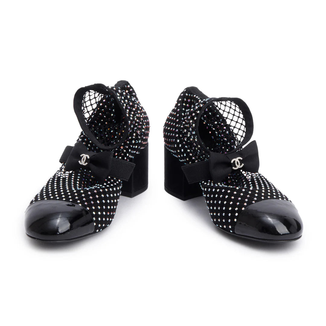Black Interlocking CC Logo Bow &amp; Crystal Accent Sock Boots,Size 38 Coeur Cult Core
