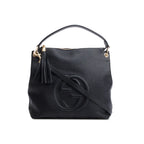 Black Pebbled Calfskin Leather Large Convertible Soho Hobo Bag w/ Strap
