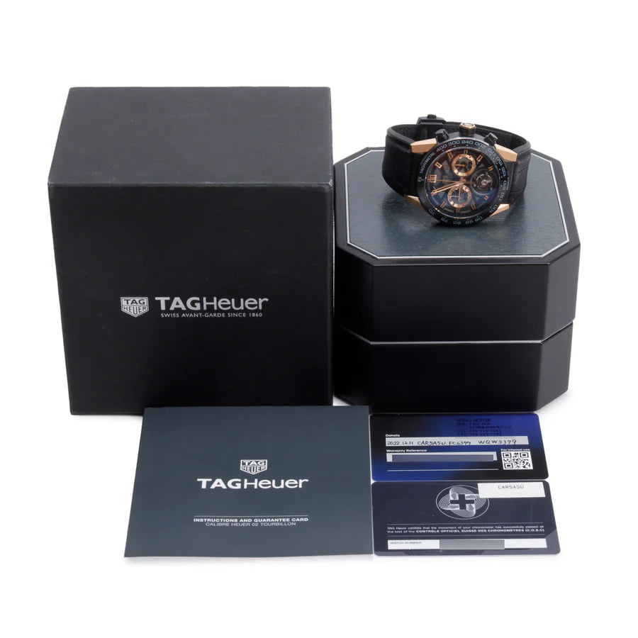 18k Rose Gold, Black Titanium &amp; Ceramic Carrera 45 MM Automatic Chronograph Tourbillon Watch CAR5A5U w/ Box &amp; Papers