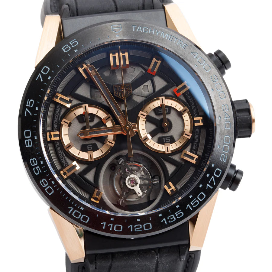 18k Rose Gold, Black Titanium &amp; Ceramic Carrera 45 MM Automatic Chronograph Tourbillon Watch CAR5A5U w/ Box &amp; Papers