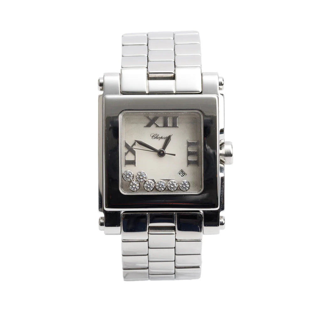 Stainless Steel Diamond Mother of Pearl Dial Happy Sport Square Quartz Watch 8495 Coeur Cult Core