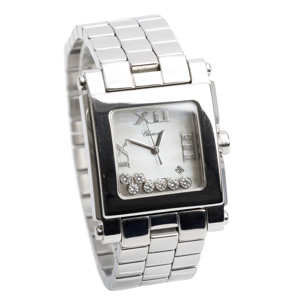Stainless Steel Diamond Mother of Pearl Dial Happy Sport Square Quartz Watch 8495 Coeur Cult Core