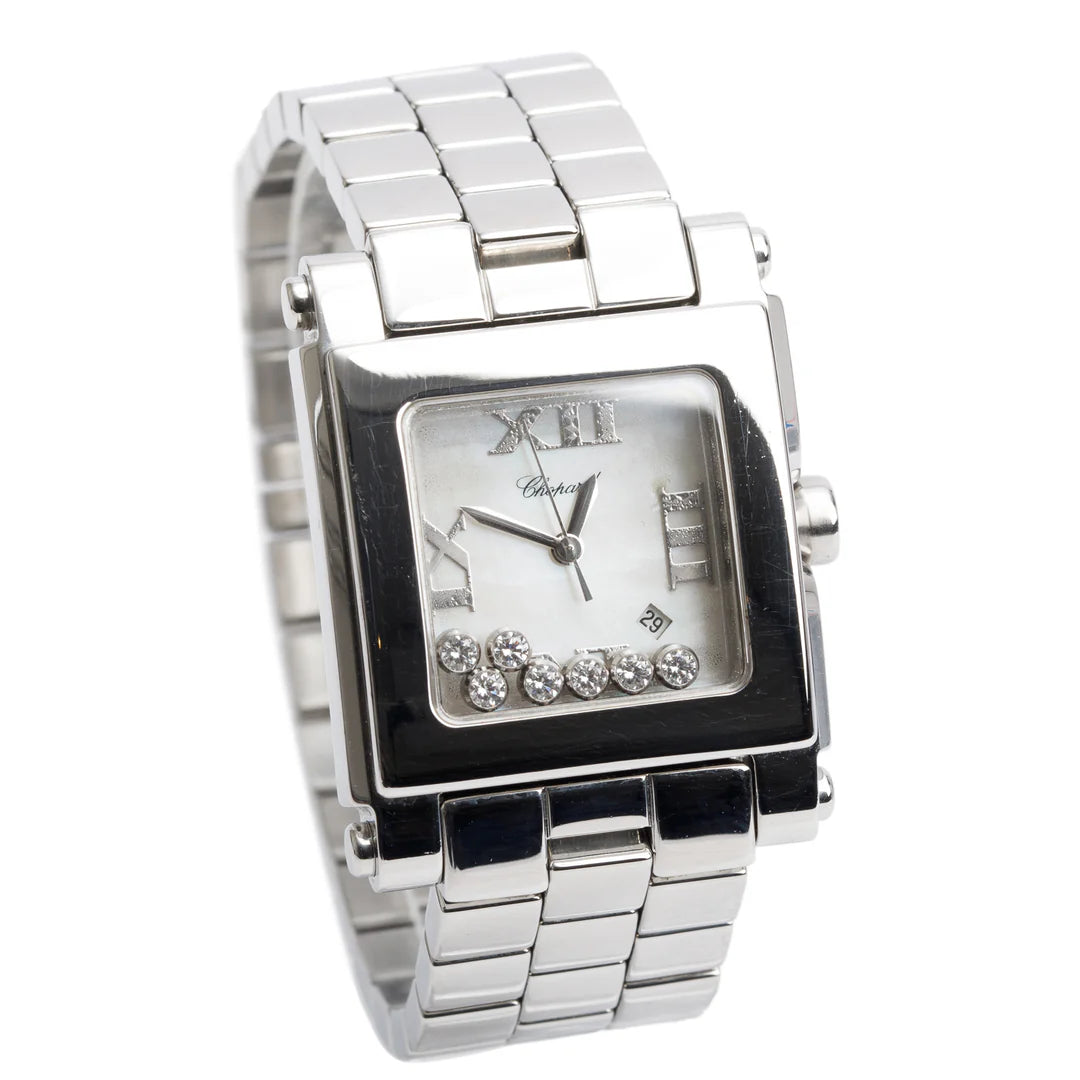 Stainless Steel Diamond Mother of Pearl Dial Happy Sport Square Quartz Watch 8495 Coeur Cult Core