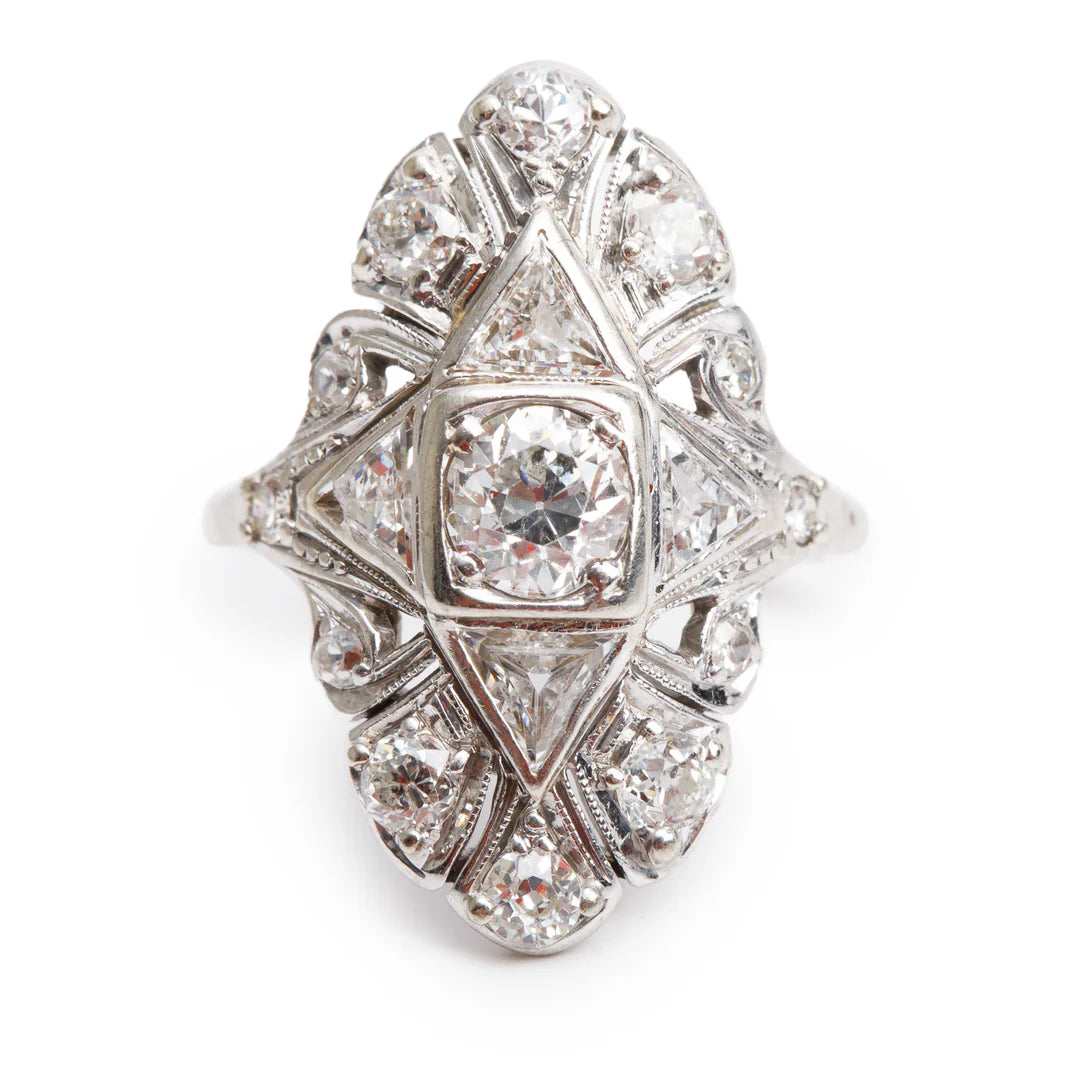 Antique 18k White Gold Diamond Filigree Ring, Size 5.5 Coeur Cult Core