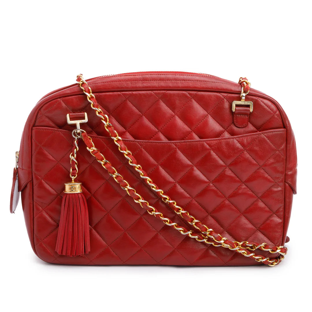 Vintage Red Quilted Lambskin Leather Tassel Camera Bag Coeur Cult Core