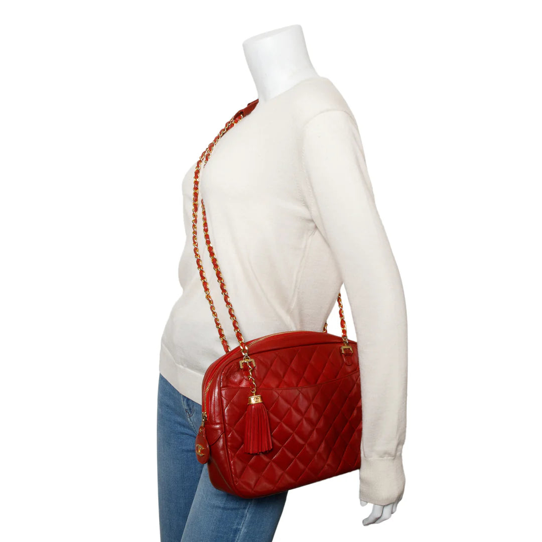Vintage Red Quilted Lambskin Leather Tassel Camera Bag Coeur Cult Core