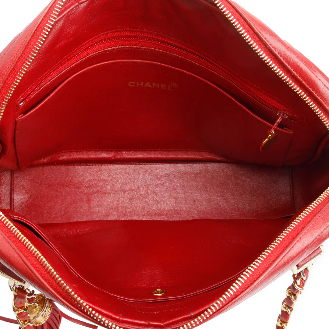 Vintage Red Quilted Lambskin Leather Tassel Camera Bag Coeur Cult Core