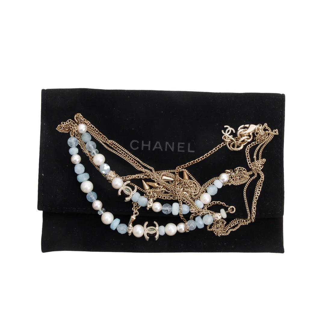 Gold-Plated Aquamarine &amp; Quartz Bead, Faux Pearl &amp; CC Station Necklace Coeur Cult Core