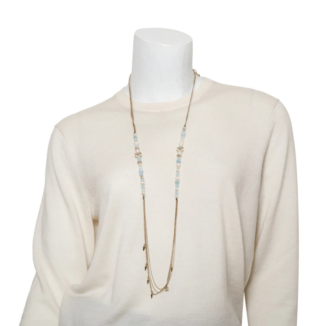 Gold-Plated Aquamarine &amp; Quartz Bead, Faux Pearl &amp; CC Station Necklace Coeur Cult Core