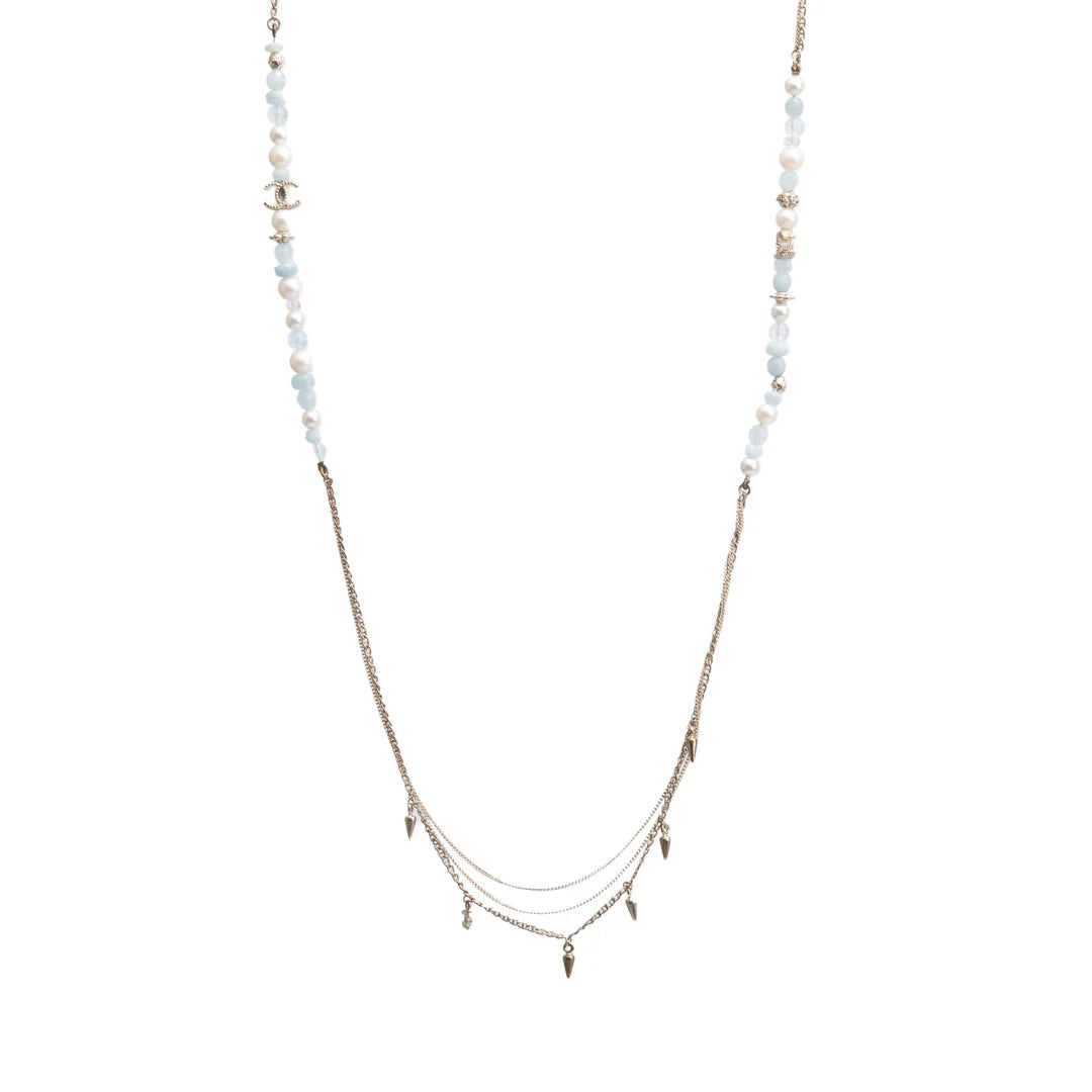 Gold-Plated Aquamarine &amp; Quartz Bead, Faux Pearl &amp; CC Station Necklace Coeur Cult Core