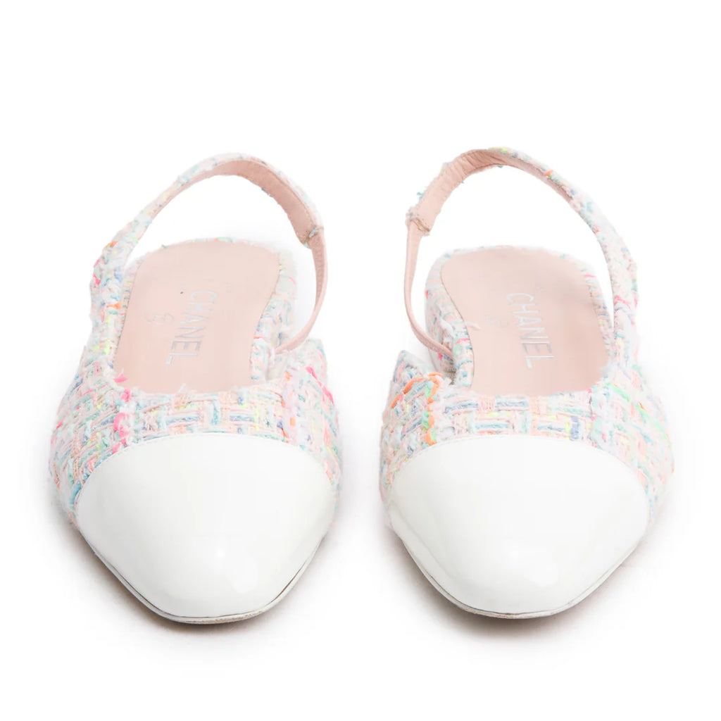 Pink Tweed White Patent Leather Cap Toe CC Slingback Flats, Size 37 w/ Box
