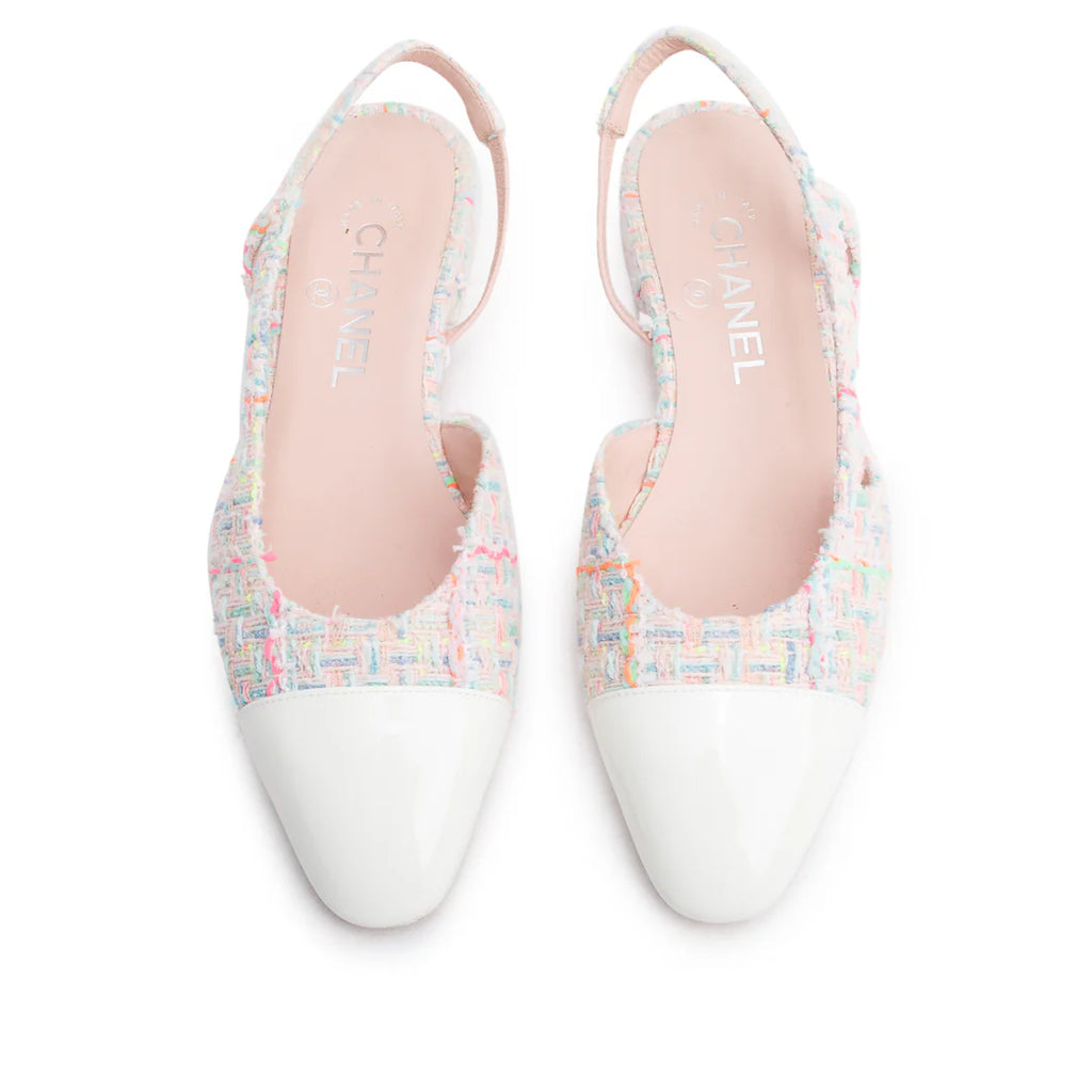 Pink Tweed White Patent Leather Cap Toe CC Slingback Flats, Size 37 w/ Box