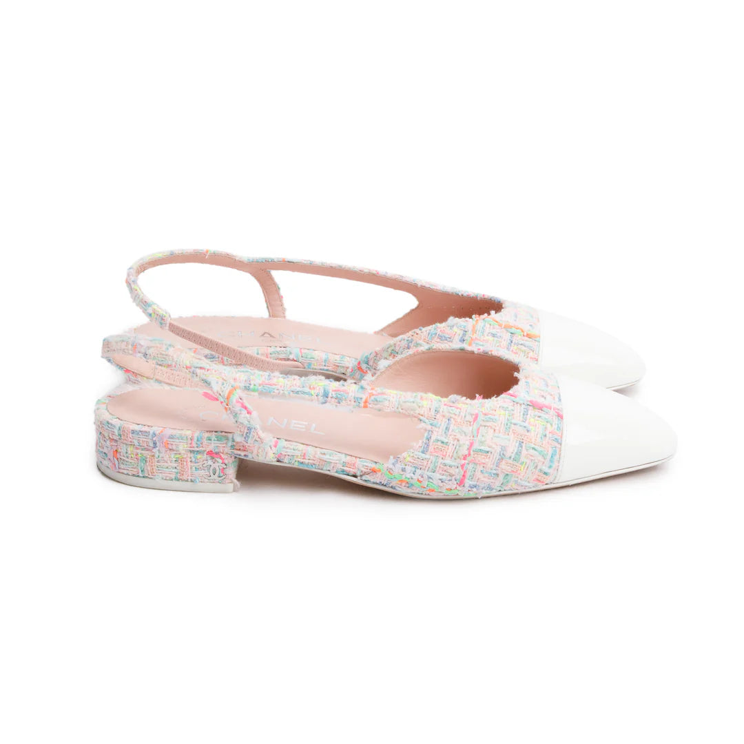 Pink Tweed White Patent Leather Cap Toe CC Slingback Flats, Size 37 w/ Box
