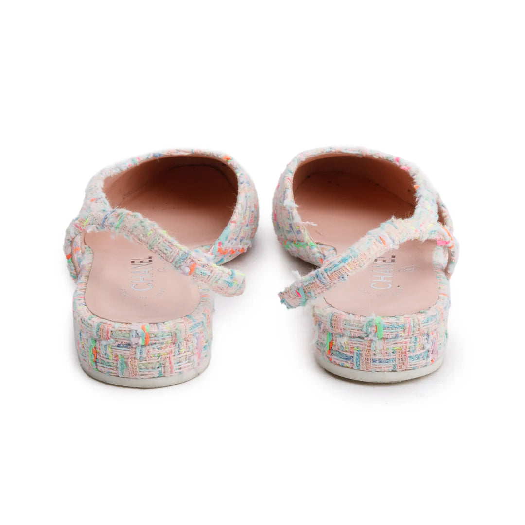 Pink Tweed White Patent Leather Cap Toe CC Slingback Flats, Size 37 w/ Box