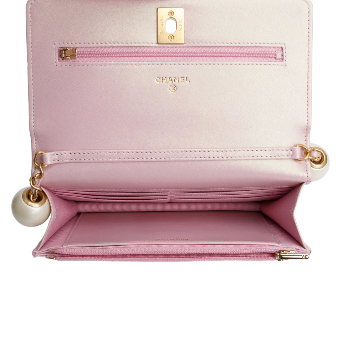 Pink Iridescent Quilted Lambskin Leather CC Pearl Crush Classic Wallet on Chain w/ Box Coeur Cult Core