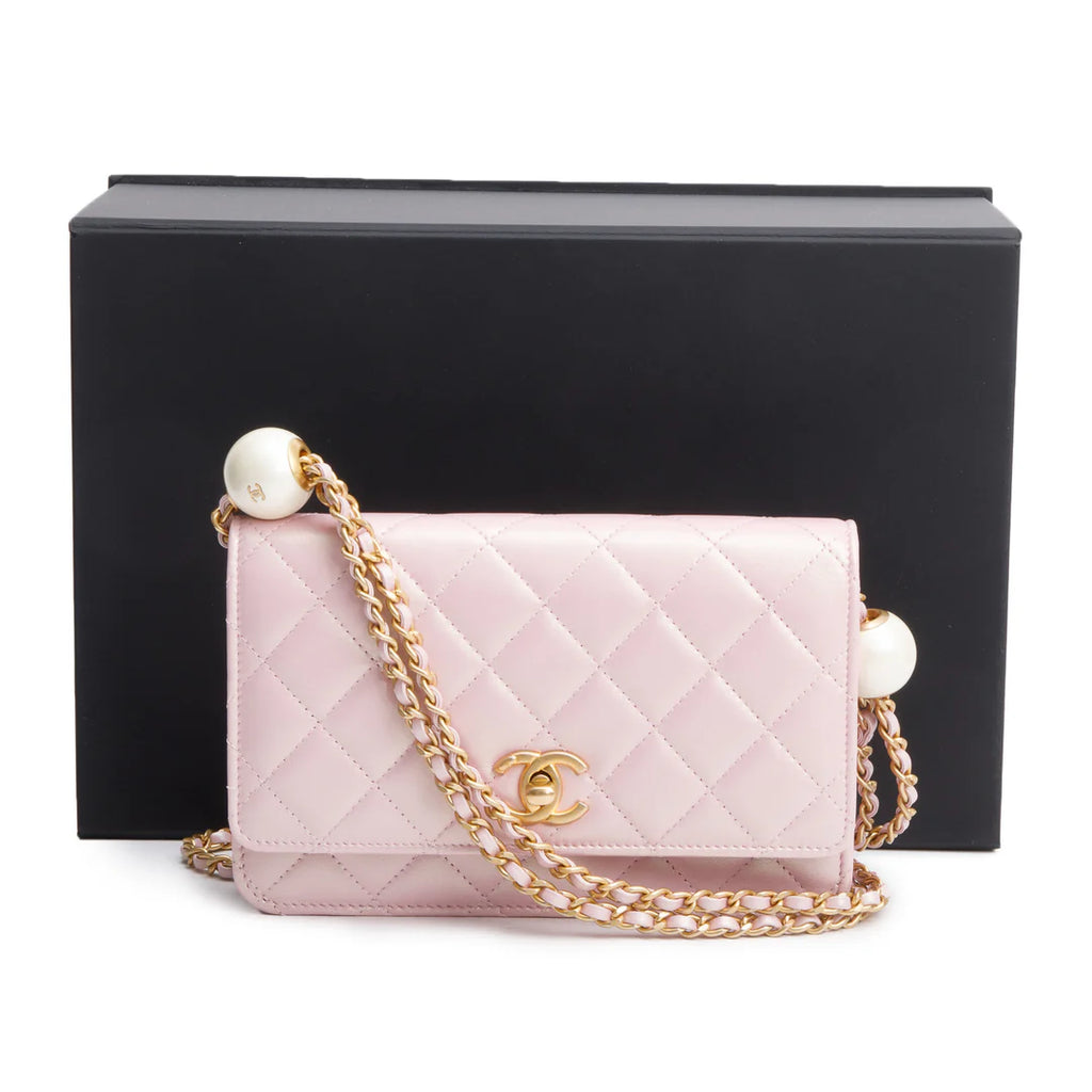 Pink Iridescent Quilted Lambskin Leather CC Pearl Crush Classic Wallet on Chain w/ Box Coeur Cult Core