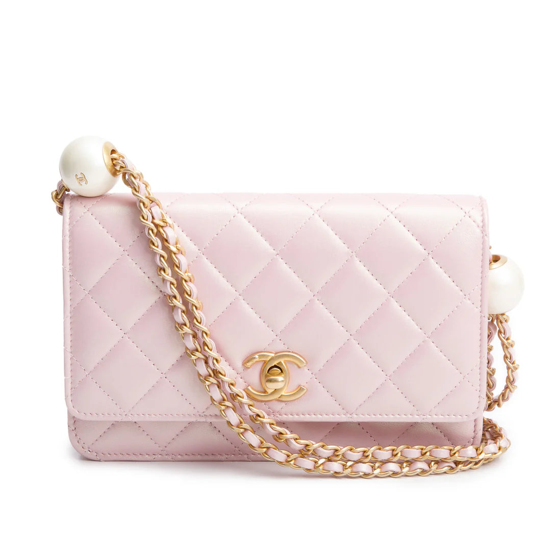 Pink Iridescent Quilted Lambskin Leather CC Pearl Crush Classic Wallet on Chain w/ Box Coeur Cult Core