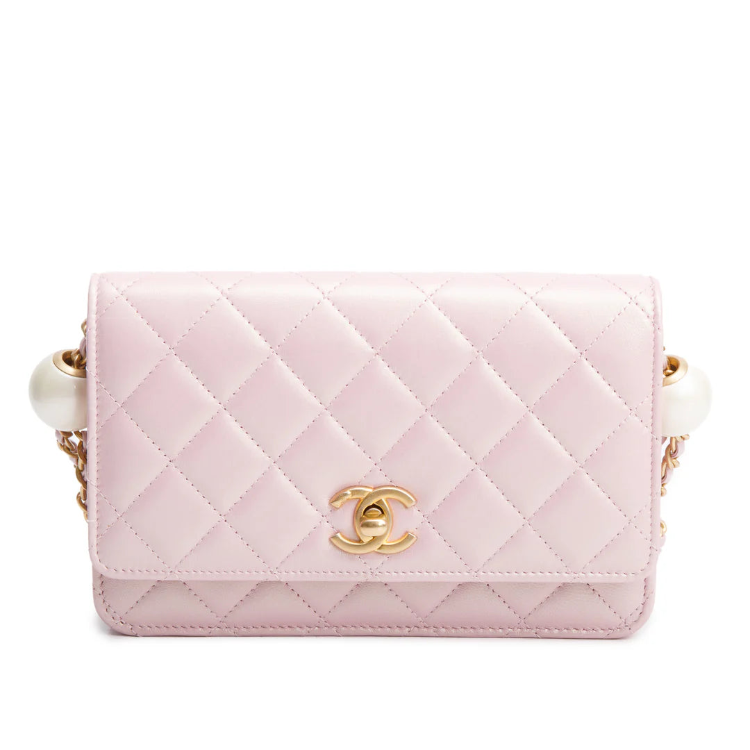Pink Iridescent Quilted Lambskin Leather CC Pearl Crush Classic Wallet on Chain w/ Box Coeur Cult Core