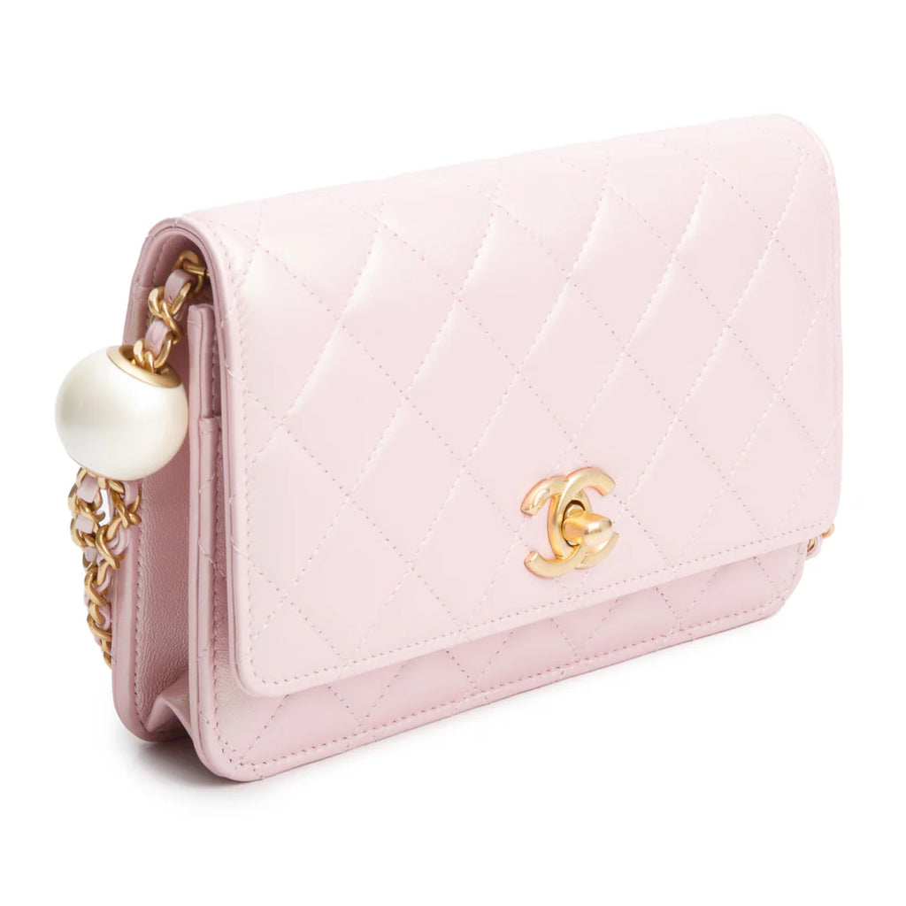 Pink Iridescent Quilted Lambskin Leather CC Pearl Crush Classic Wallet on Chain w/ Box Coeur Cult Core