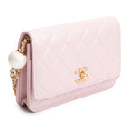 Pink Iridescent Quilted Lambskin Leather CC Pearl Crush Classic Wallet on Chain w/ Box Coeur Cult Core