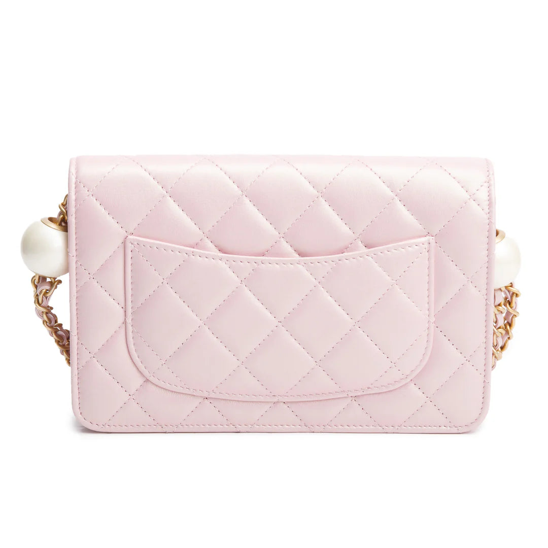 Pink Iridescent Quilted Lambskin Leather CC Pearl Crush Classic Wallet on Chain w/ Box Coeur Cult Core