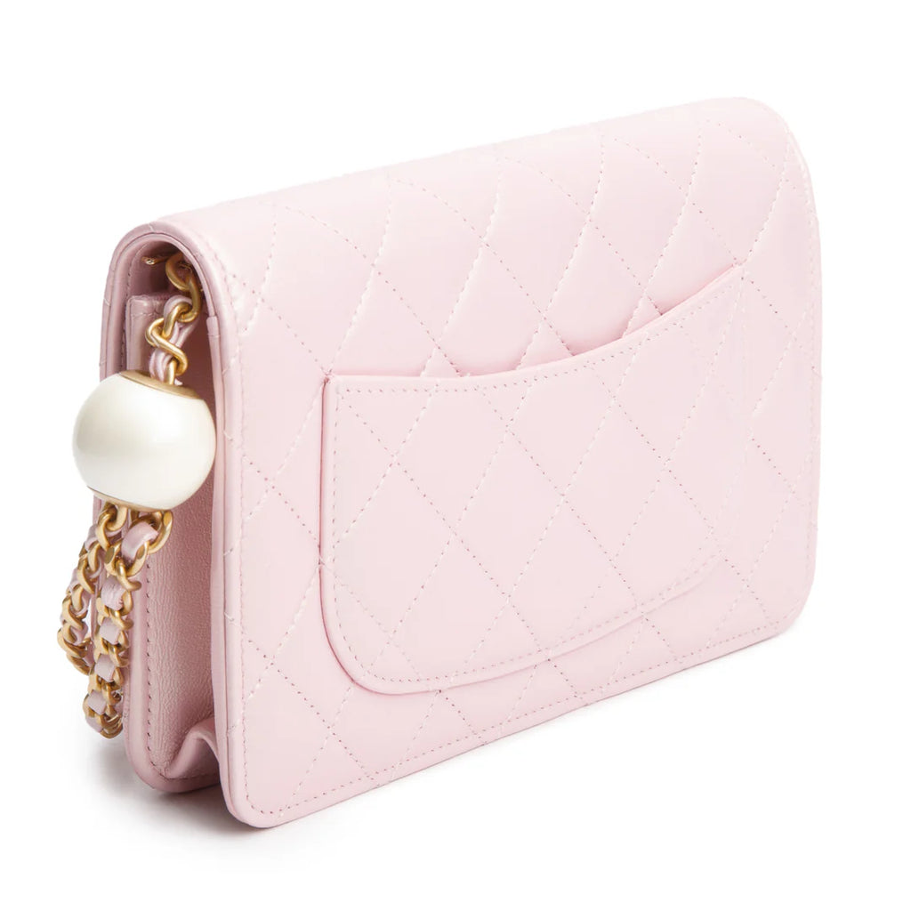 Pink Iridescent Quilted Lambskin Leather CC Pearl Crush Classic Wallet on Chain w/ Box Coeur Cult Core