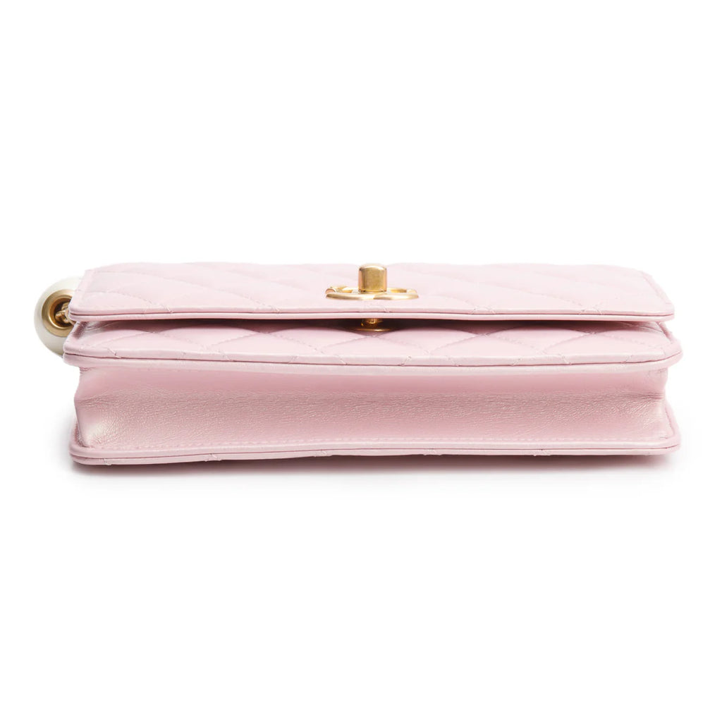 Pink Iridescent Quilted Lambskin Leather CC Pearl Crush Classic Wallet on Chain w/ Box Coeur Cult Core