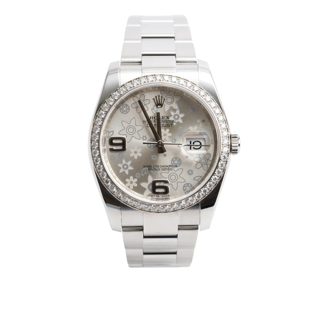 Stainless Steel Datejust Diamond Bezel 36 MM Datejust Watch Silver Floral Dial 116244 w/ Box Coeur Cult Core