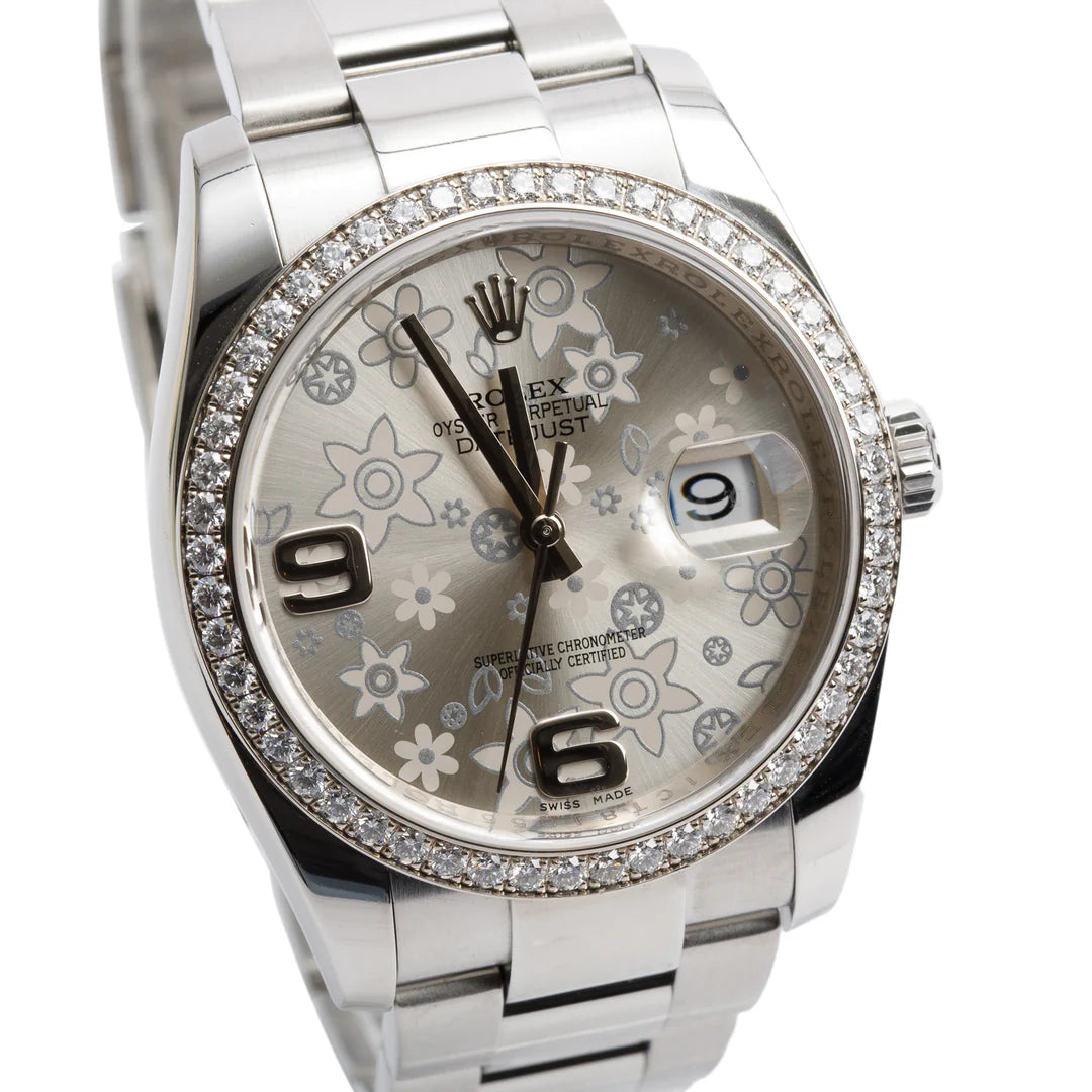Stainless Steel Datejust Diamond Bezel 36 MM Datejust Watch Silver Floral Dial 116244 w/ Box Coeur Cult Core