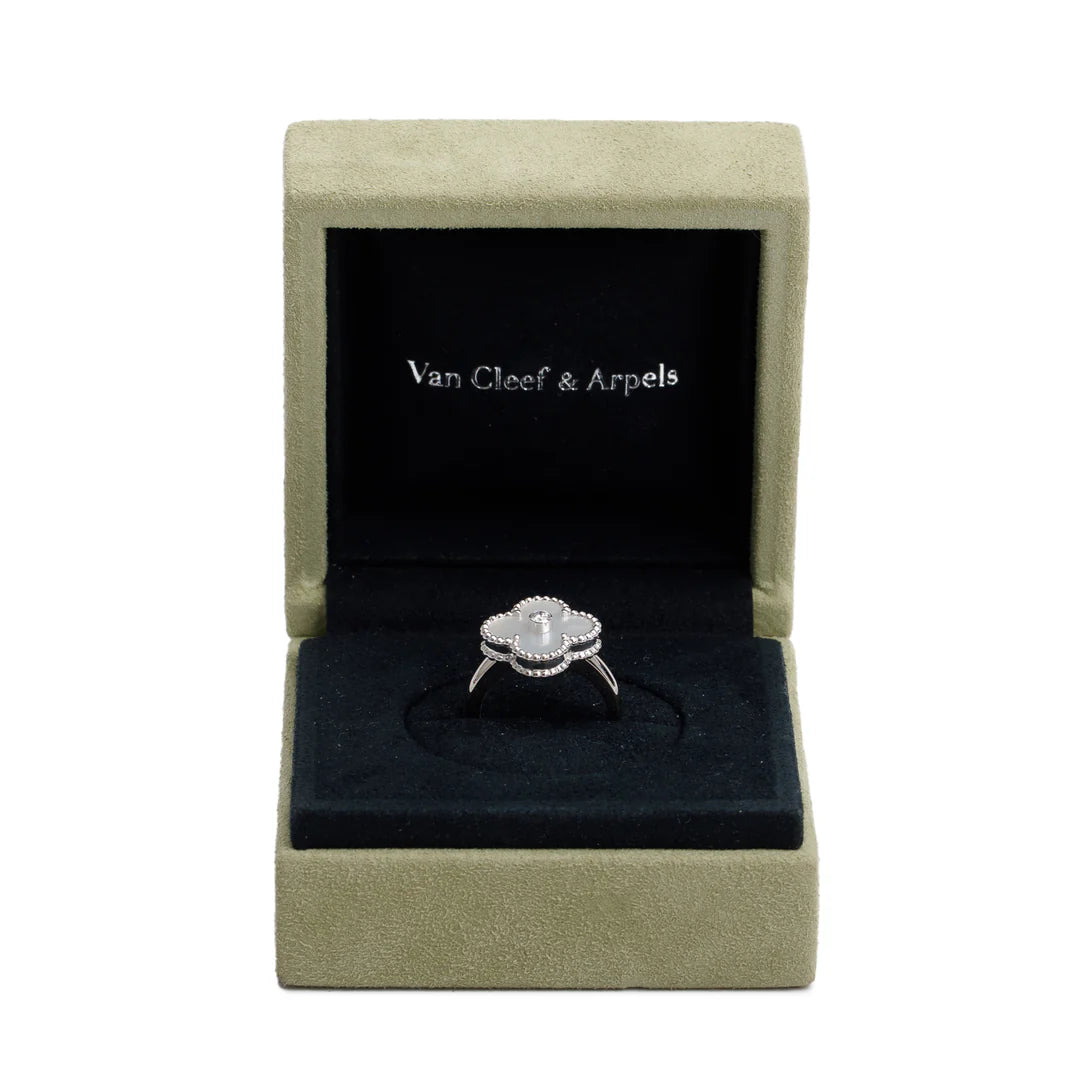 18k White Gold Vintage Alhambra Mother of Pearl &amp; Diamond Ring, Size 49 5 w/ Box &amp; Receipt Coeur Cult Core