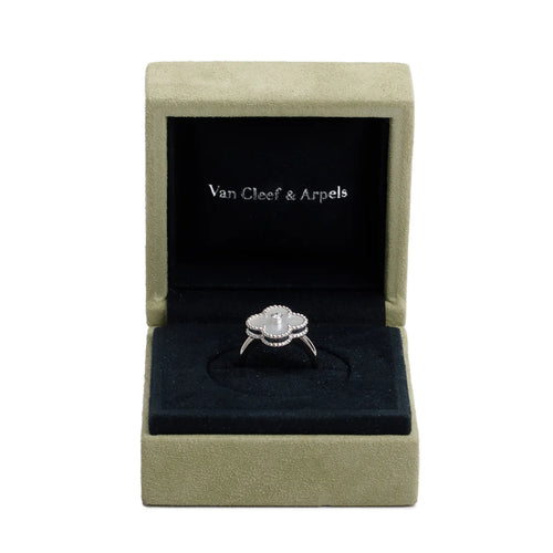 18k White Gold Vintage Alhambra Mother of Pearl &amp; Diamond Ring, Size 49 5 w/ Box &amp; Receipt Coeur Cult Core