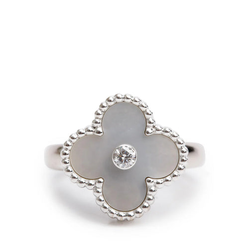 18k White Gold Vintage Alhambra Mother of Pearl &amp; Diamond Ring, Size 49 5 w/ Box &amp; Receipt Coeur Cult Core
