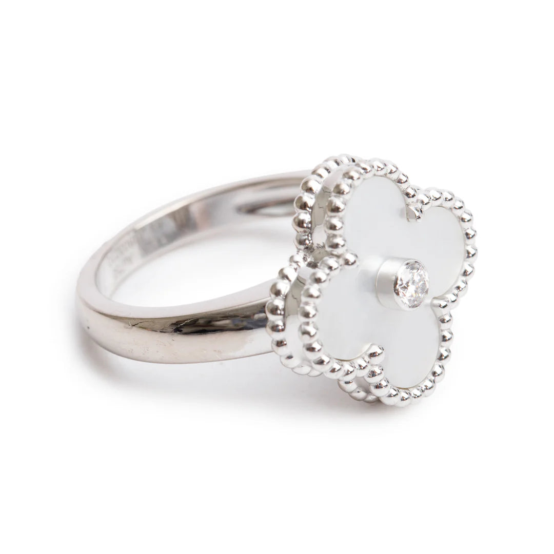 18k White Gold Vintage Alhambra Mother of Pearl &amp; Diamond Ring, Size 49 5 w/ Box &amp; Receipt Coeur Cult Core