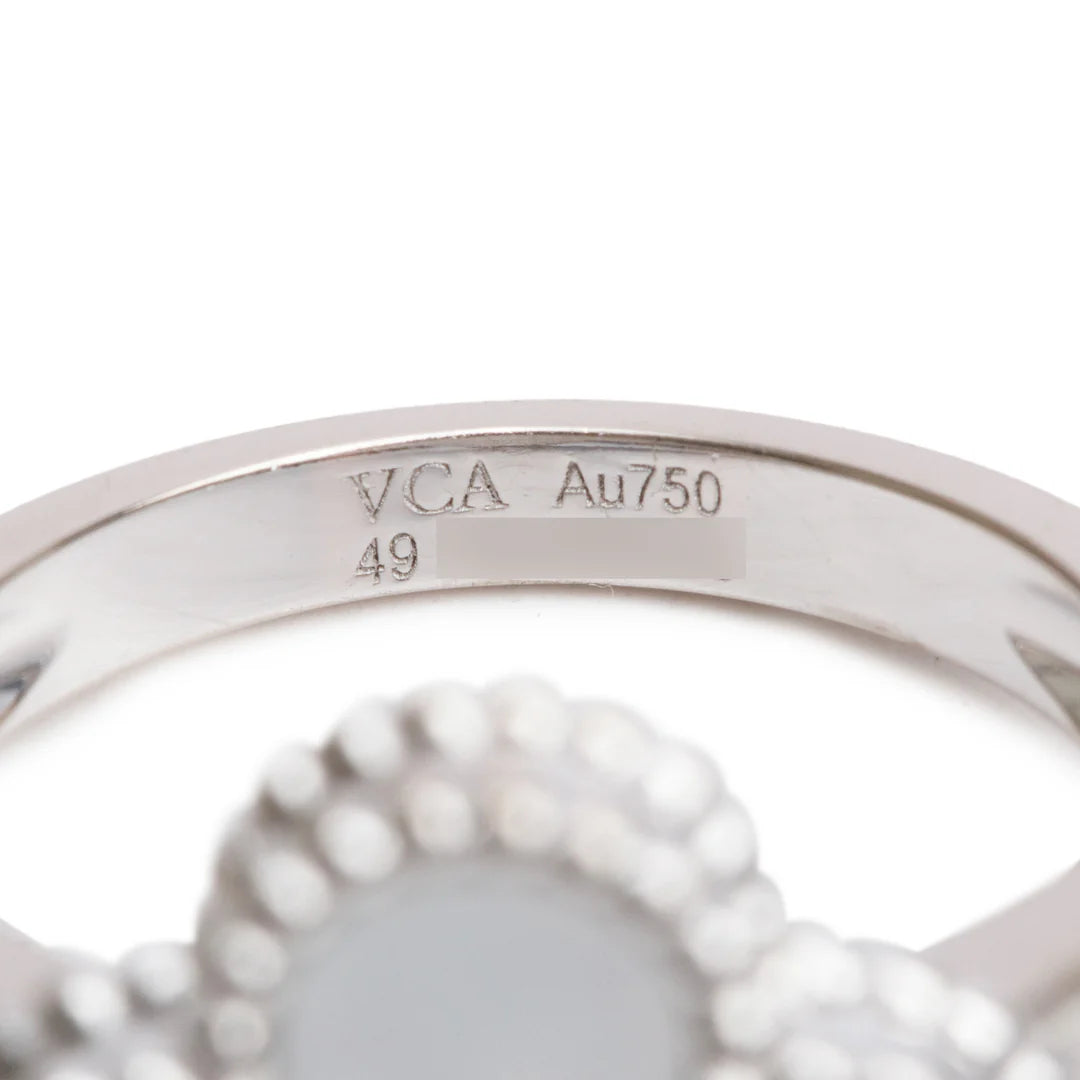 18k White Gold Vintage Alhambra Mother of Pearl &amp; Diamond Ring, Size 49 5 w/ Box &amp; Receipt Coeur Cult Core