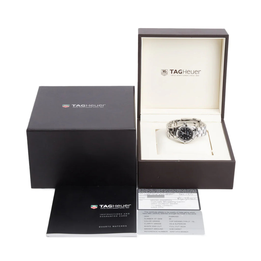 Stainless Steel Diamond Bezel Aquaracer 27 MM Quartz Watch Black Diamond Dial WAF141D w/ Box &amp; Papers