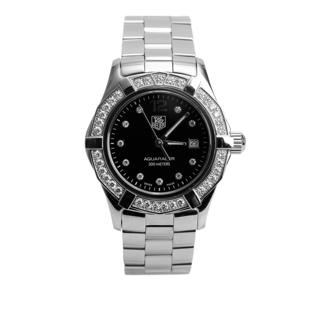 Stainless Steel Diamond Bezel Aquaracer 27 MM Quartz Watch Black Diamond Dial WAF141D w/ Box &amp; Papers
