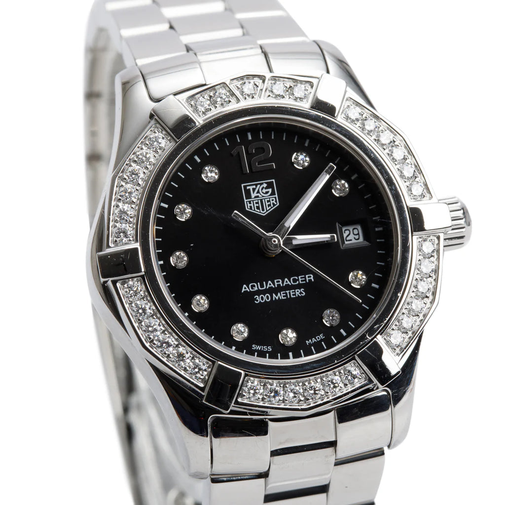 Stainless Steel Diamond Bezel Aquaracer 27 MM Quartz Watch Black Diamond Dial WAF141D w/ Box &amp; Papers