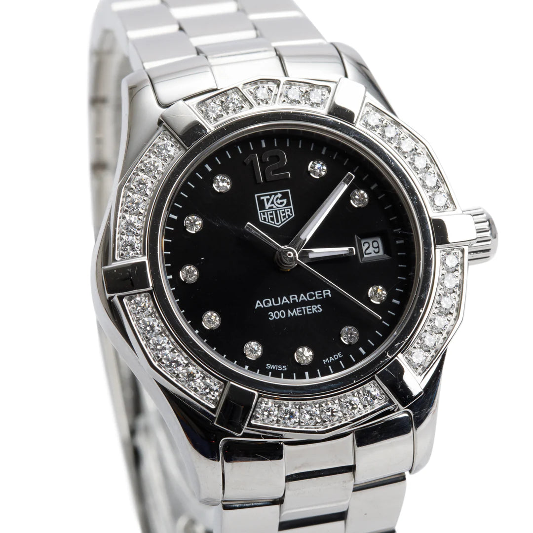 Stainless Steel Diamond Bezel Aquaracer 27 MM Quartz Watch Black Diamond Dial WAF141D w/ Box &amp; Papers