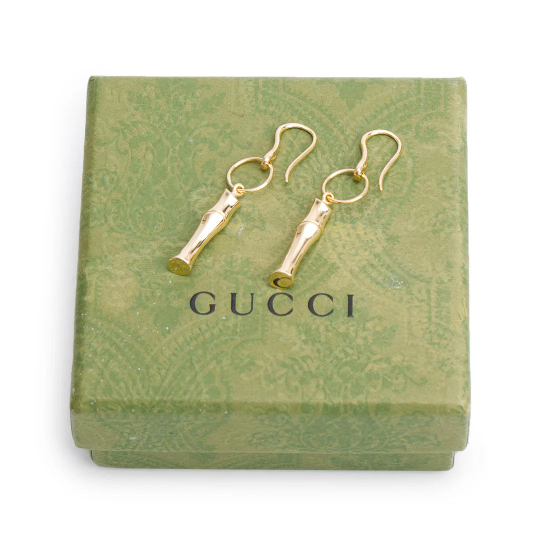 18k Yellow Gold Bamboo Drop Earrings w/ Box Coeur Cult Core