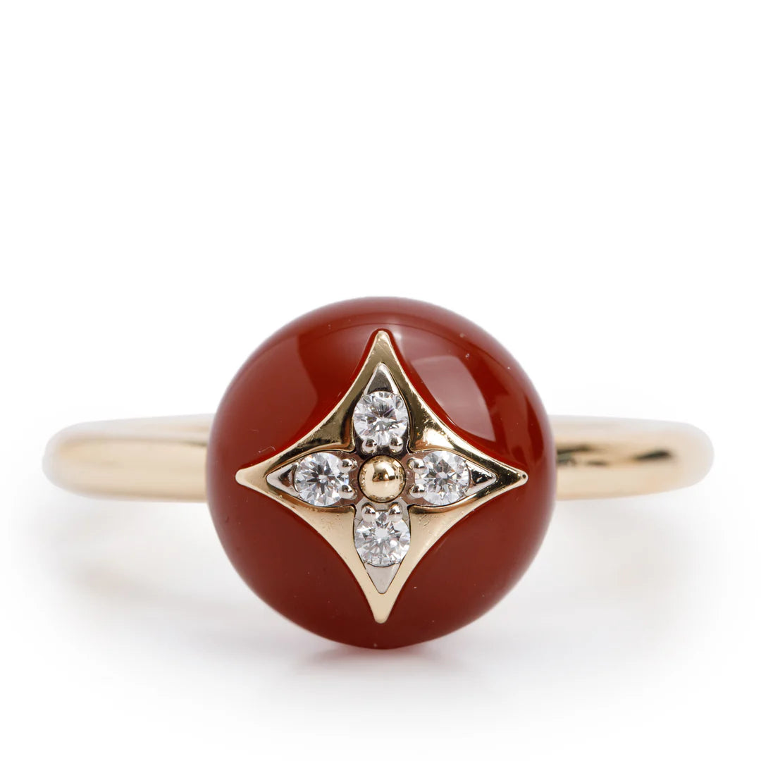 18k Yellow Gold Diamond &amp; Carnelian Color Blossom Ring, Size 54 6.75 w/ Box Coeur Cult Core
