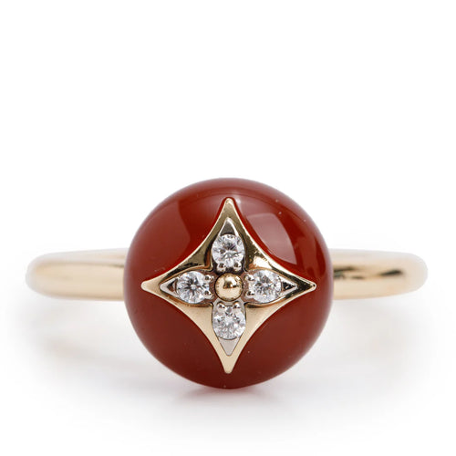 18k Yellow Gold Diamond &amp; Carnelian Color Blossom Ring, Size 54 6.75 w/ Box Coeur Cult Core